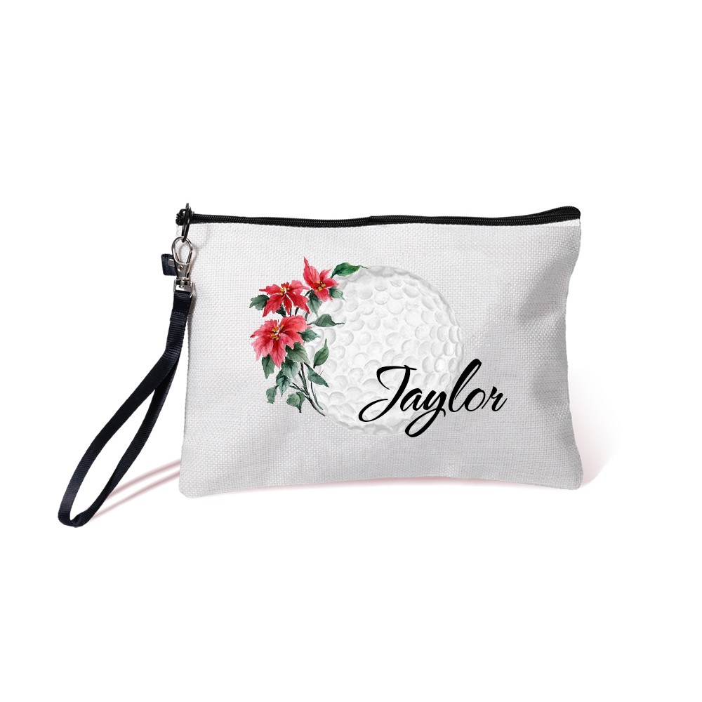 Personalized Birth Flower & Name Golf Cosmetic Bag, Custom Flax Sports Makeup Bag, Sports Accessory, Sports Gift for Golf Team/Player/Coach