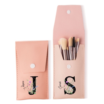 Personalized Leather Makeup Brush Bag with 8 Pcs Brushes, Custom Initial & Name Floral Cosmetic Bag, Birthday/Wedding Gift for Mom/Sister/Friend