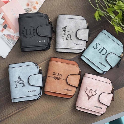 Personalized Women's Leather Wallet, Custom Women's Purse with Zipper, Short Portable Wallet, Lady's Wallet, Birthday Gift, Gift for Mom/Her