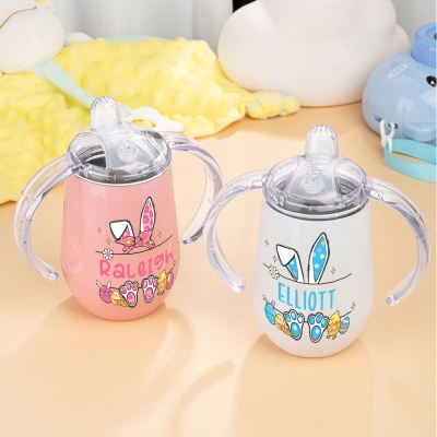 Personalized Name Cartoon Bunny Sippy Cup, 10oz Insulated Egg-Shaped Water Cup with Handles & Lid, Birthday/Baby Shower/Easter Gift for Kids/Toddlers