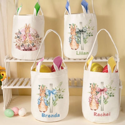 Custom Name Floral Peter Rabbit with Cross Easter Basket, Easter Egg Hunt Bucket Bag with Bunny Ears, Cotton Linen Goodie Bag, Easter Gift for Kids