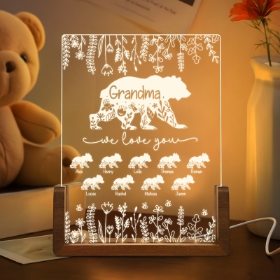 Personalized Names Bear Family LED Night Light, Acrylic Night Lamp with Wooden Base, Bedroom Decor, Mother's Day/Birthday Gift for Mom/Grandma/Family