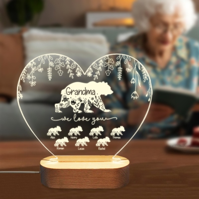 Personalized Floral Bear Family Heart Night Lamp with Names, Night Light with Wooden Base, Home Decor, Birthday/Mother's Day Gift for Family/Mom