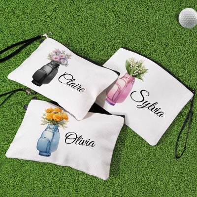 Custom Name Birth Flower Golf Cart Bag Design Makeup Pouch, Linen Cosmetic Bag with Wrist Strap, Women's Golf Accessory, Gift for Golfers/Coaches/Team