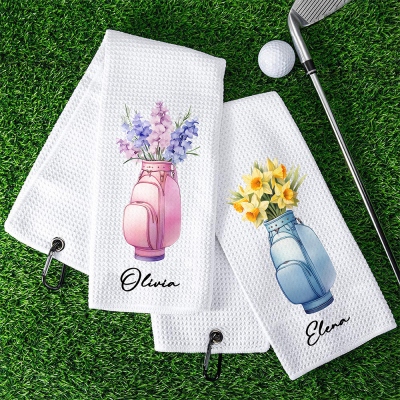 Custom Name Birth Flower Cart Bag Design Golf Towel, Absorbent Waffle Weave Sports Towel with Hanging Clip, Gift for Female Golfers/Coaches/Teammates