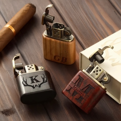 Custom Engraved Logo Lighters for Men, Personalized Sandalwood Lighters Kit, Cigar Flame Lighter, Bachelor Party Gifts for Groomsmen/Best Man