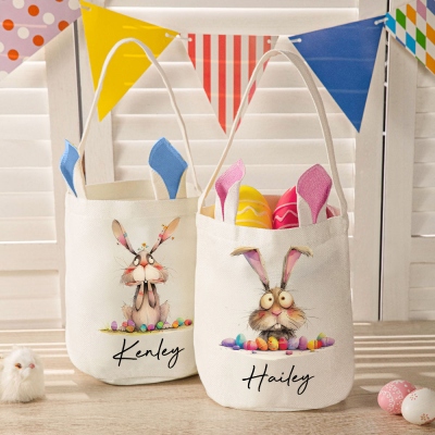 Personalized Name Quirky Bunny Easter Basket, Easter Egg Hunt Bucket Bag with Bunny Ears, Easter Party Favor, Easter Gift for Kids/Boys/Girls