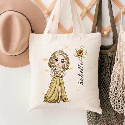 Custom Birth Flower Cartoon Character Handbag with Name, Prom Queen Large Capacity Canvas Bag, Reusable Shopping Bag, Birthday Gift for Women/Girls
