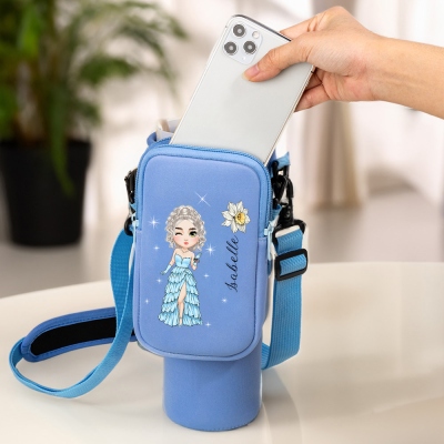 Custom Birth Flower & Name Prom Queen Water Bottle Carrier Bag with Pouch, Cup Holder Pouch with Strap, Birthday/Wedding Gift for Women/Girls