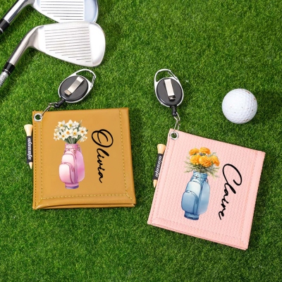 Custom Name Birth Flower Cart Bag Design Golf Ball Leather Towel with Clip, Portable Golf Club Wet/Dry Cleaner with Tee Holder, Gift for Golfers