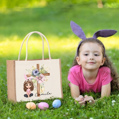 Personalized Cross Birth Flower Cartoon Character Jute Tote Bag with Bunny Ear, Custom Name Easter Egg Hunt Bag, Easter Gift Bag, Gift for Kids/Family