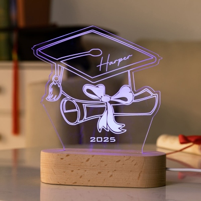 Personalized Name Graduation Cap LED Night Light, Acrylic Night Lamp with Wooden Base, Class of 2025 Graduation Keepsake, Gift for Graduates/Students