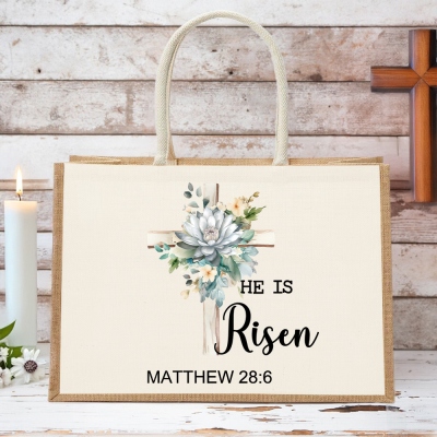 Personalized He Is Risen Bible Verse Jute Tote Bag with Cross & Birth Flower, Reusable Shopping Bag, Religious Easter Church Gift for Women Christian