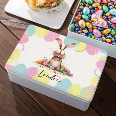 Personalized Name Quirky Easter Bunny Treat Tin with Lid, Candy Cookie Box Tinplate Container, Easter Party Favor, Easter Gift for Kids/Family