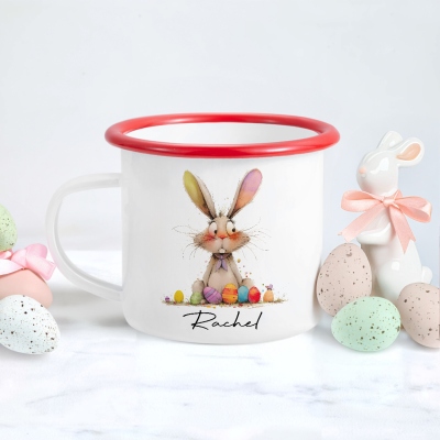 Custom Name Quirky Easter Bunny Enamel Mug, Colorful 12oz Cup with Handle, Easter Party Favor Basket Stuffer, Easter Gift for Kids/Boys/Girls