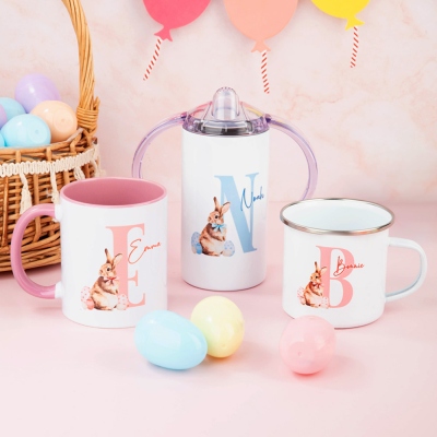 Personalized Easter Bunny Ceramics/Enamel Mug, Custom Name Travel Mug, Sippy Cup with Handle, Easter Party Decor, Easter Gift for Girl/Boy/Toddler