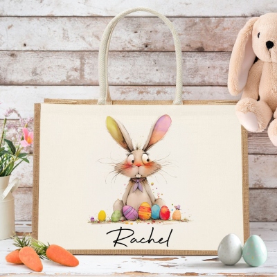 Personalized Quirky Easter Bunny Jute Tote Bag with Name, Large Capacity Easter Egg Hunt Bag, Easter Party Favor, Easter Gift for Kids/Boys/Girls