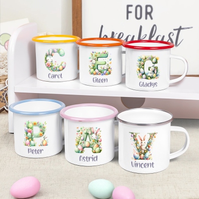 Personalized Bunny Alphabet Enamel Mug with Name, Colorful 12oz Cup with Handle, Easter Party Favor Basket Stuffer, Easter Gift for Kids/Boys/Girls