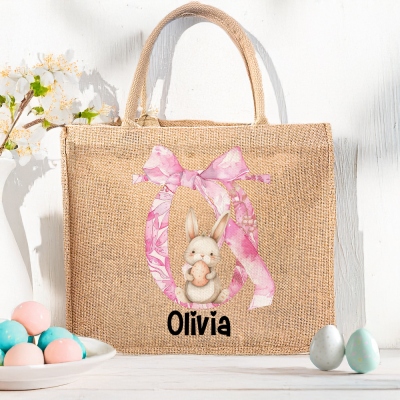 Personalized Bunny & Bow Alphabet Tote Bag with Name, Large Capacity Jute Handbag, Easter Party Favor, Birthday/Easter Gift for Kids/Boys/Girls