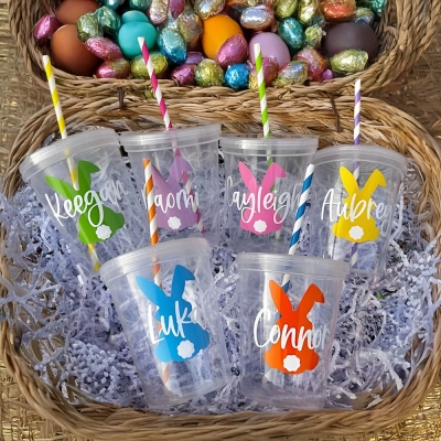 Custom Easter Kids Cups with Name, Bunny Clear Plastic Cups, Drinking Cups Reusable, Easter Party Decor, Easter Basket Stuffers, Gifts for Girls/Boys