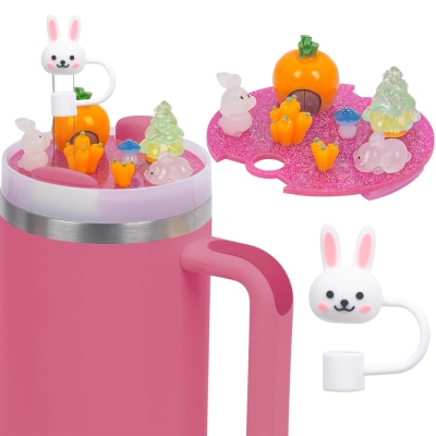 Bunny Tumbler Lid Topper, Animal Stanley Style Cup Accessories, Charm Decor with Silicone Straw Cover for Tumbler 30/40oz, Easter Gift for Kids/Women