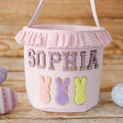 Personalized Name Bunny Flower Easter Basket, Custom Rabbit Chenille Patch Bag with Handle, Easter Egg Hunt Favor, Easter Gift for Kids/Boys/Girls