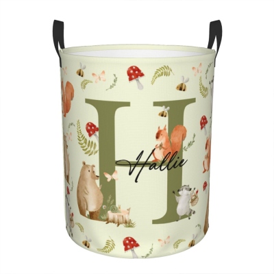 Personalized Initial & Name Woodland Animals Storage Basket for Clothes/Toys, Large Capacity Oxford Cloth Laundry Basket with Handles, Gift for Kids