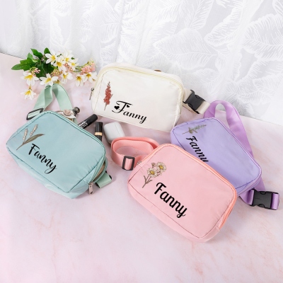 Custom Name Birth Flower Waist Belt Bag, Fanny Pack with Adjustable Strap, Waist Pack for Running/Hiking/Walking, Birthday/Mother's Day Gift for Women