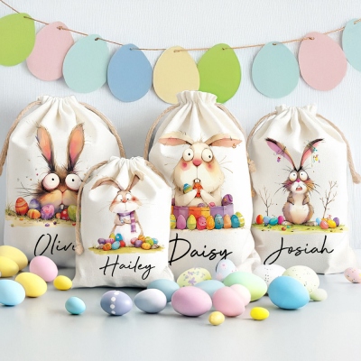 Personalized Quirky Easter Bunny Drawstring Treat Bag with Name, Easter Party Favor Pouch, Easter Basket Stuffer, Easter Gift for Kids/Boys/Girls