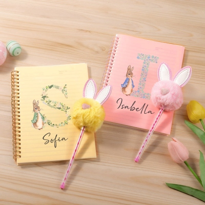 Custom Initial & Name Floral Peter Rabbit Notebook with Pom Pom Pen, Easter Notebook and Pen Set, Easter Party Favor, Easter Gift for Kids/Boys/Girls