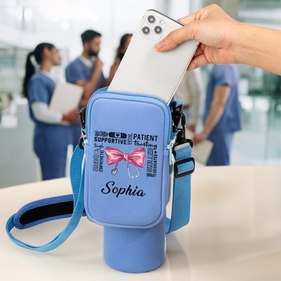 Custom Name Bow Stethoscope Tumbler Carrier Bag with Pouch, Cup Holder Pouch with Strap, Compatible with 40oz Tumbler, Gift for Nurses/Medical Staff