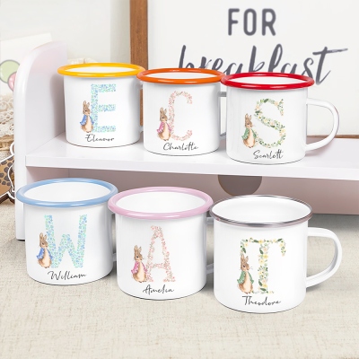 Personalized Floral Initial Peter Rabbit Enamel Mug with Name, Colorful 12oz Cup with Handle, Easter Basket Stuffer, Easter Gift for Kids/Boys/Girls