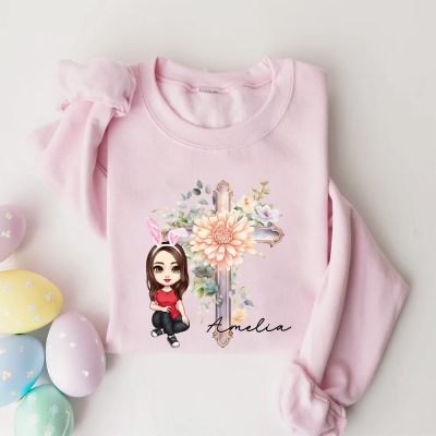 Personalized Cross Birth Flower Cartoon Character T-Shirt/Sweatshirt with Name and Bunny Ear, Family Party Favor, Easter Gift for Kids/Boy/Girl/Family