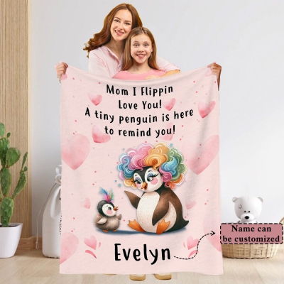 Personalized Penguin Mama and Baby Blanket with Name, Flannel/Sherpa Soft Bed Couch Throw, Nursery Room Home Decor, Mother's Day Gift for Mom/Grandma