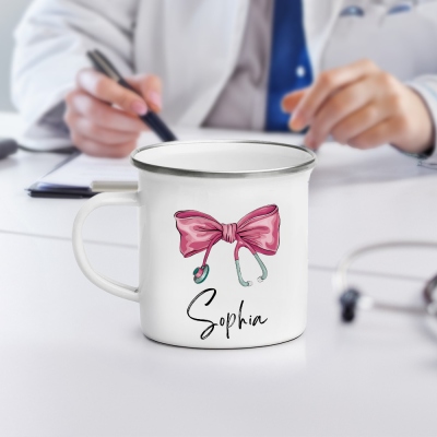 Personalized Bow Stethoscope Enamel Mug with Name, Silver Rimmed 12oz Shatterproof Cup with Handle, Appreciation Gift for Nurses/Doctors/Medical Staff