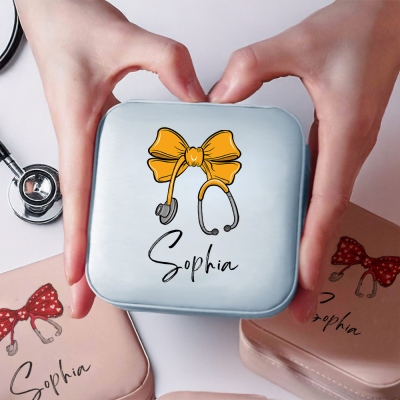 Personalized Name Bow Stethoscope Jewelry Box, PU Leather Travel Jewelry Case, Graduation/Appreciation Gift for Nurses/Doctors/Medical Staff