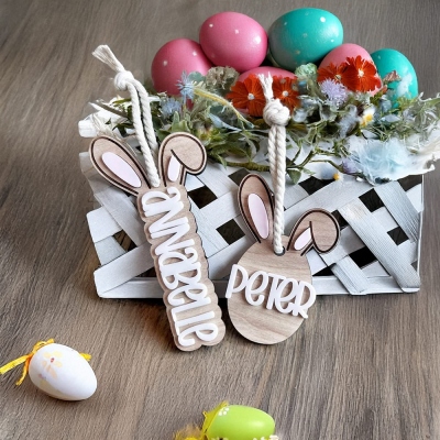 Personalized Easter Bunny Basket Tag with Name, Wooden Rabbit Name Tag, Easter Basket Stuffer, Easter Egg Hunt Favor, Gift for Kids/Boys/Girls