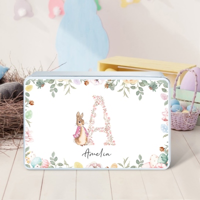 Custom Initial & Name Floral Peter Rabbit Treat Tin with Lid, Candy Cookie Box Tinplate Container, Easter Party Favor, Easter Gift for Kids/Boys/Girls