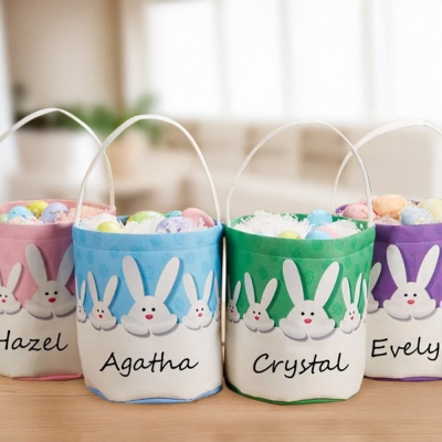 Personalized Easter Bunny Basket with Name, Custom Monogram Large Capacity Bucket Bag, Easter Egg Hunt Favor, Easter Gift for Kids/Boys/Girls