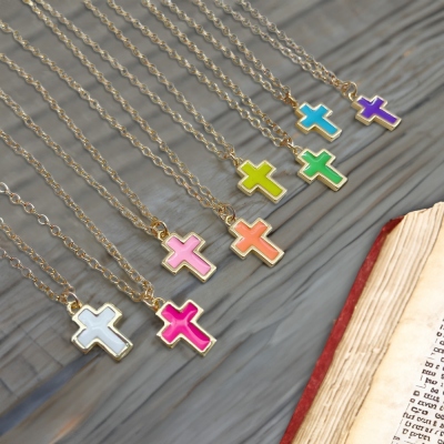 Colorful Cross Pendant Necklace, Minimalist Necklace with Cross Charm, Religious Jewelry, Baptism/First Communion Gift for Kids/Christian Women/Girls