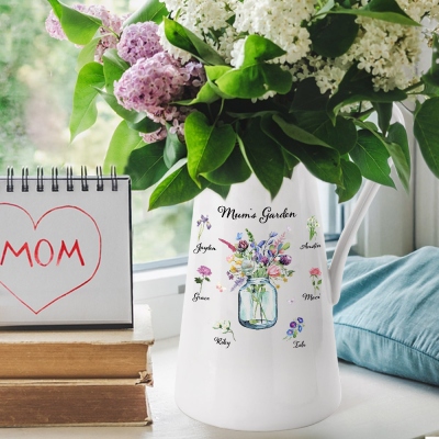 Personalized 1-6 Watercolor Birth Flowers Vase with Name, Grandma's Garden Ceramic Vase, Home Decor, Birthday/Mother's Day Gift for Mom/Grandma/Her