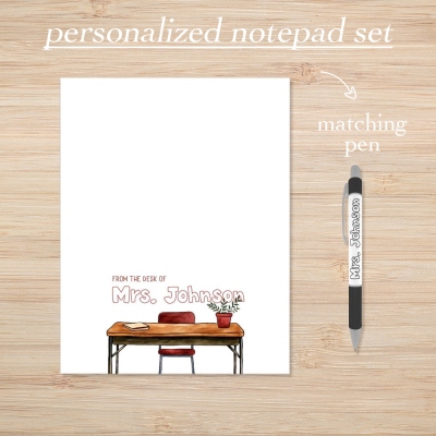 Personalized Name Desk Pattern Notepad, Custom Teacher Writing Pad with Matching Pen, Back to School/Teacher's Day/Appreciation Gift for Teachers