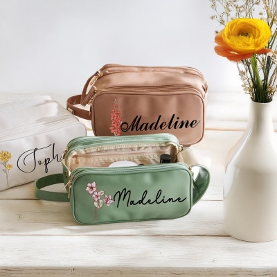 Personalized Birth Flower Makeup Bag with Name, Custom Embroidered Leather Toiletry Bag, Bridal Party Favor, Birthday/Wedding Gift for Her/Bridesmaids