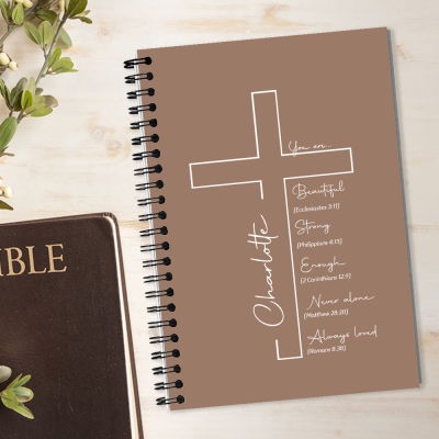 Personalized Name Cross A5 Spiral Notebook, Inspirational Bible Verses Softcover Notebook, Christian Journal, Birthday/Baptism Gift for Family/Friends