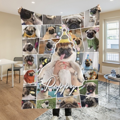 Personalized Pet Name Photo Collage Fleece Sherpa Blanket, Custom Blanket with 1-25 Dog Pictures, Room Decor, Gift for Pet Lover/Dog Mom/Cat Dad