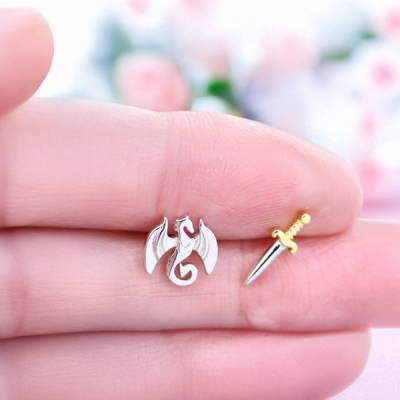 Mismatched Dragon and Sword Stud Earrings, Sterling Silver 925/Brass Women's Jewelry, Birthday/Anniversary Gift for Her/Friends/Dragon Lovers