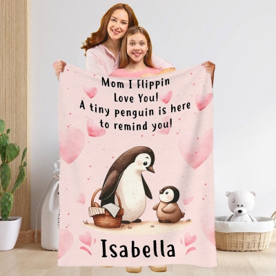 Personalized Penguin Mama and Baby Blanket with Name, Flannel/Sherpa Soft Bed Couch Throw, Nursery Room Home Decor, Mother's Day Gift for Mom/Grandma