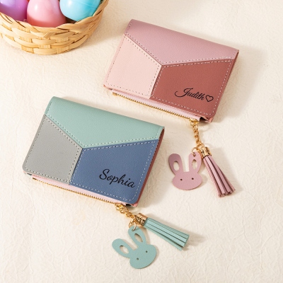 Personalized Cute Rabbit Wallet with Name, Custom Small Women Wallet, Bunny Card Holder Small Zipper Coin Wallet, Birthday/Easter Gift for Her/Daughter