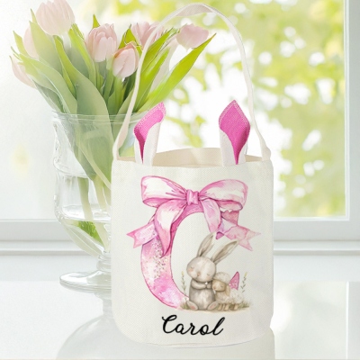 Personalized Bow Initial Bunny Easter Basket with Name, Easter Egg Hunt Bucket Bag with Bunny Ears, Cotton Linen Goodie Bag, Easter Gift for Kids