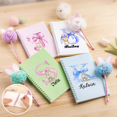 Personalized Name Bow Initial Bunny Notebook with Pom Pom Pen, Easter Notebook and Pen Set, Easter Party Favor, Easter Gift for Kids/Boys/Girls